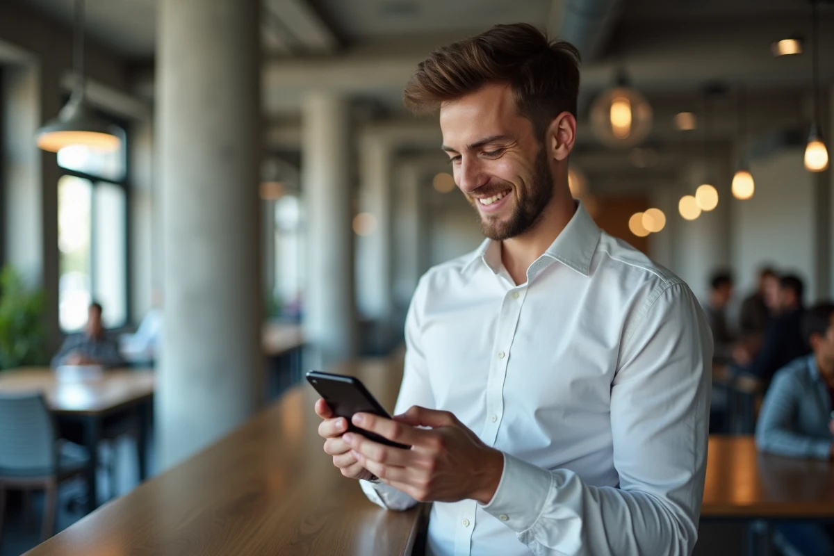 Jeune professionnel accédant à son compte Mon ADP sur smartphone dans un espace de coworking