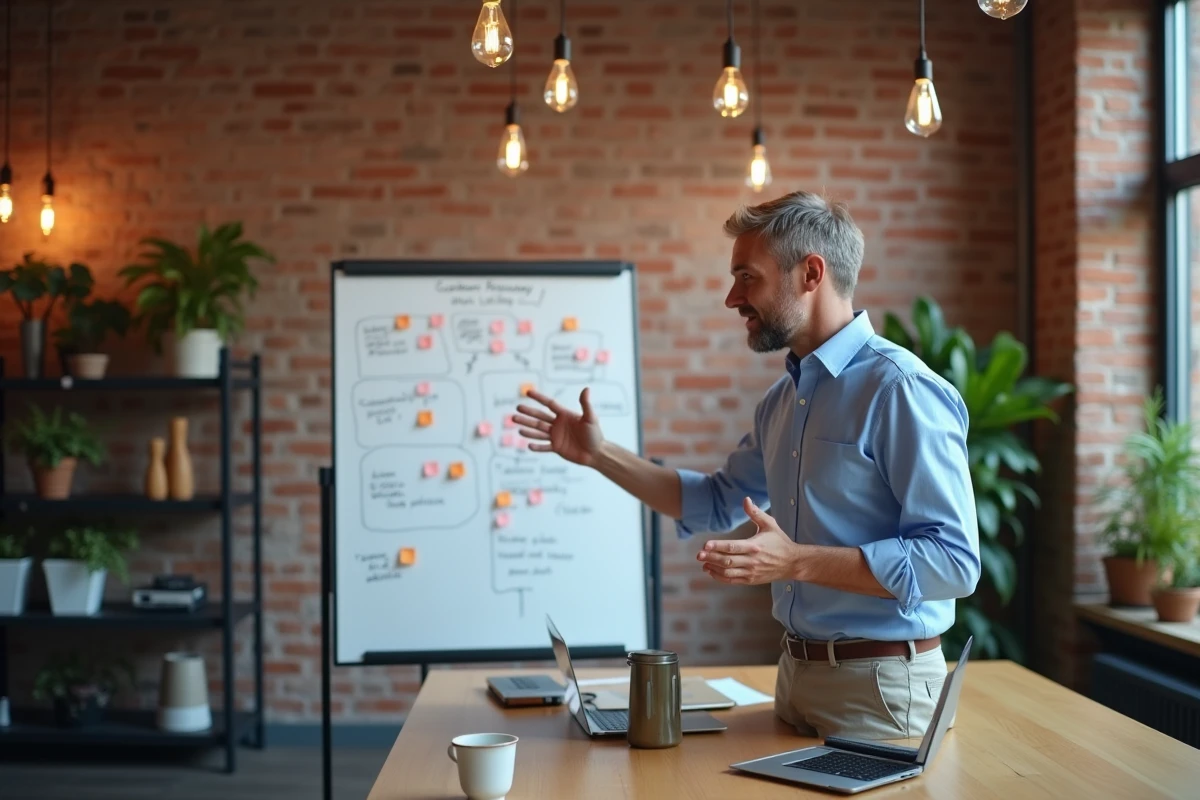 Commercial masculin présentant une stratégie d'adaptation du discours par persona sur un tableau blanc en espace de co-working