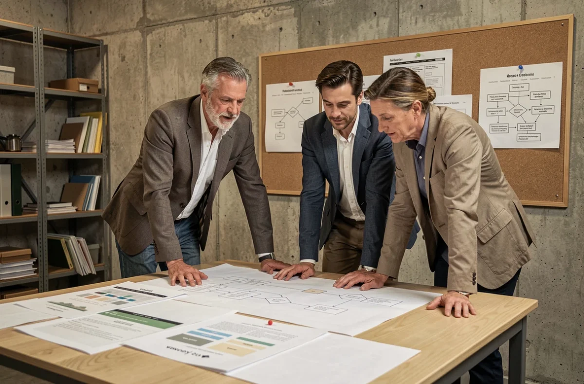 Équipe de l'agence APV analysant des maquettes de sites web dans un espace de travail à l'esthétique industrielle