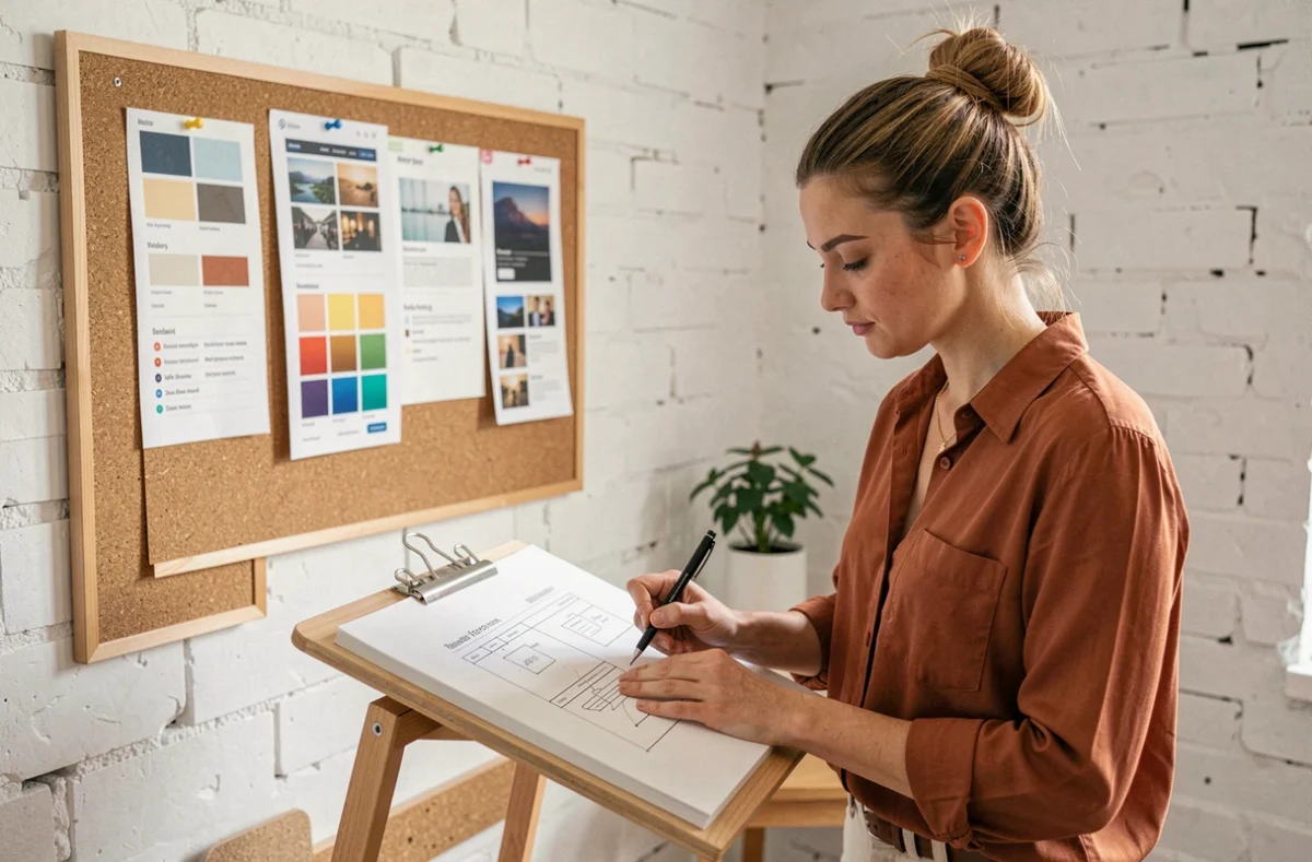 Designer graphique de l'agence Arobace esquissant des concepts de site internet sur un carnet de croquis devant un moodboard UX en studio