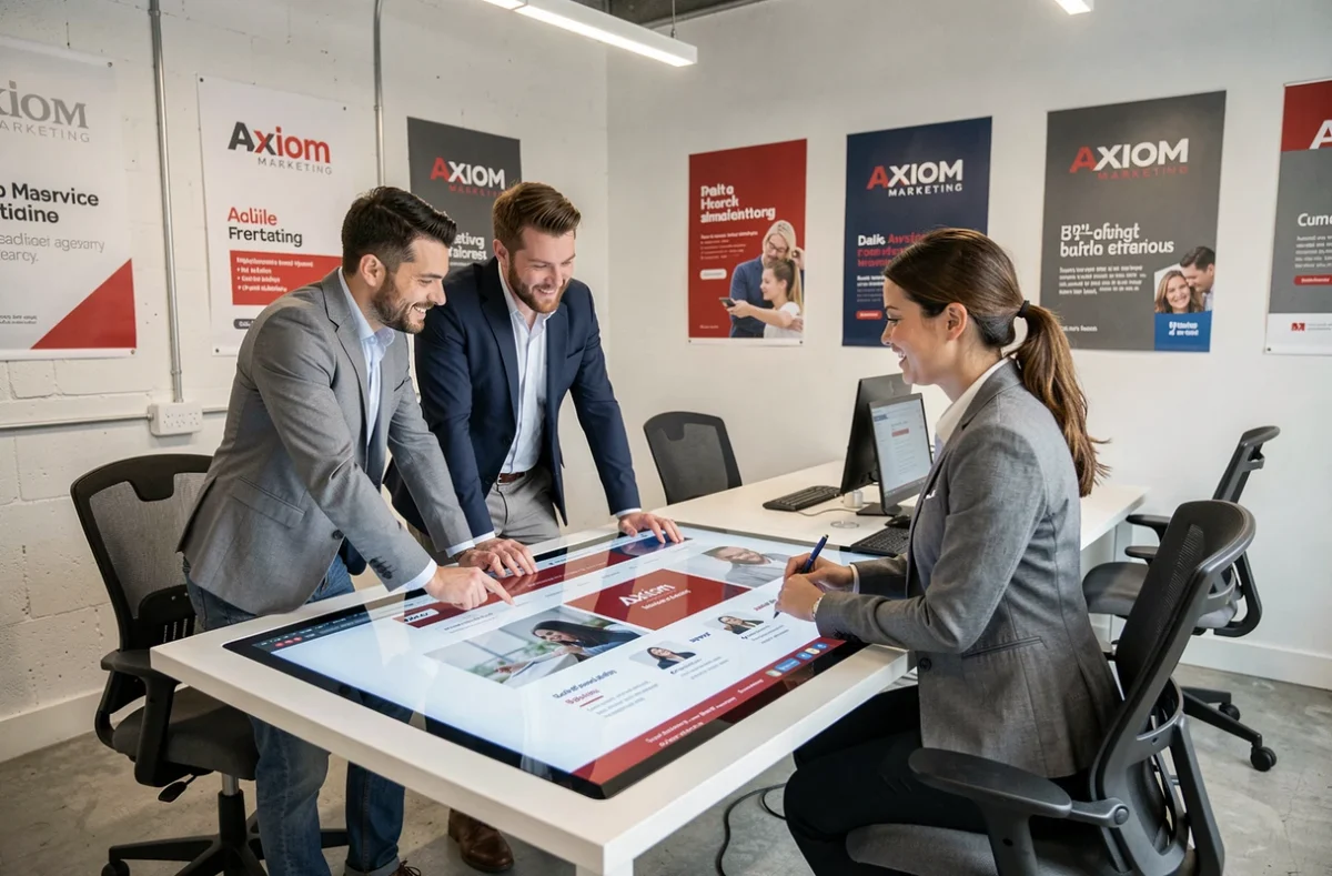 Équipe de l'agence Axiom Marketing collaborant sur une identité de marque et une maquette de site web autour d'une table tactile en Vendée