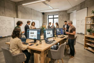 Équipe d'une agence de création de sites internet en Vendée travaillant sur des projets web dans un espace de travail moderne