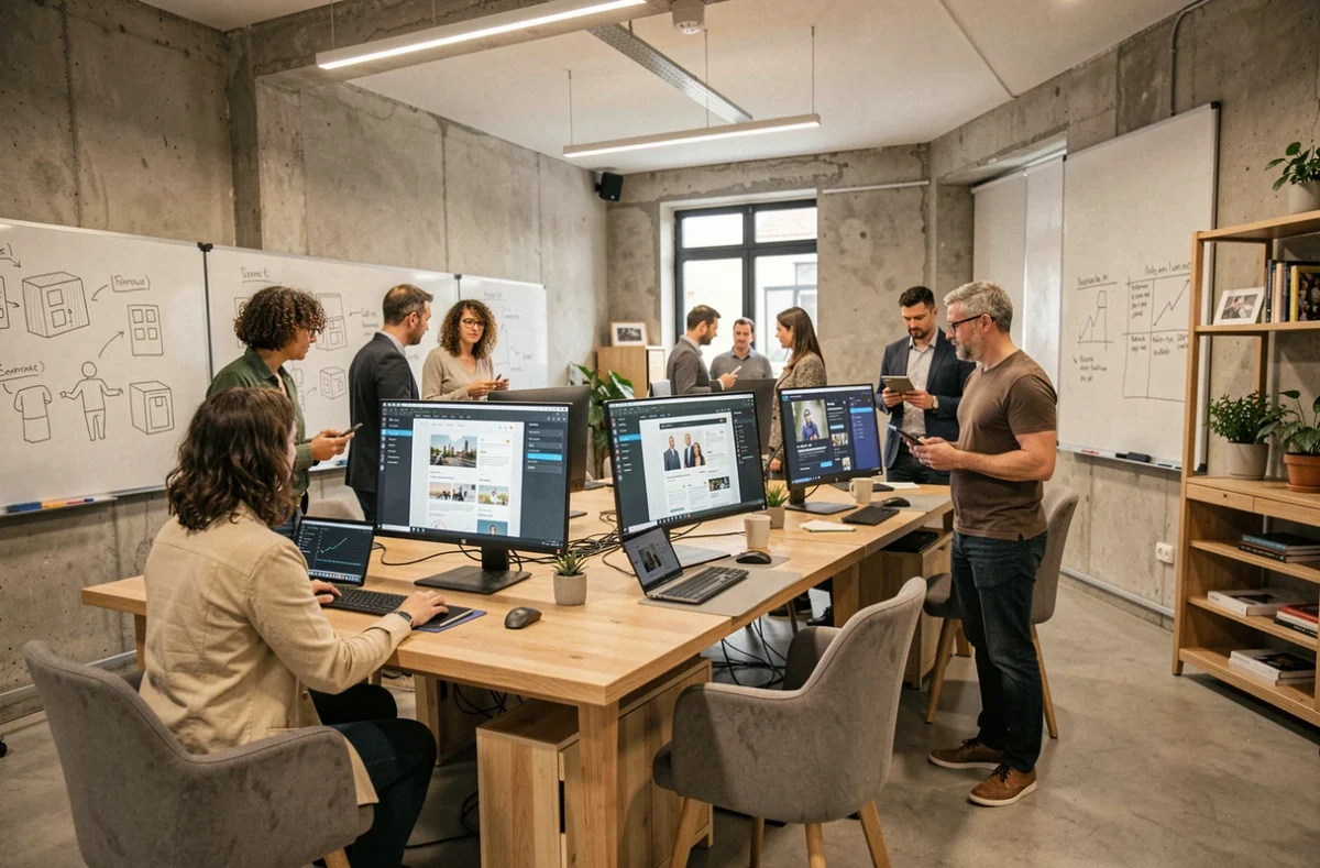 Équipe d'une agence de création de sites internet en Vendée travaillant sur des projets web dans un espace de travail moderne