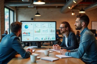 Équipe d'une agence créative en réunion autour d'un écran affichant des tableaux de bord de gestion de projets marketing