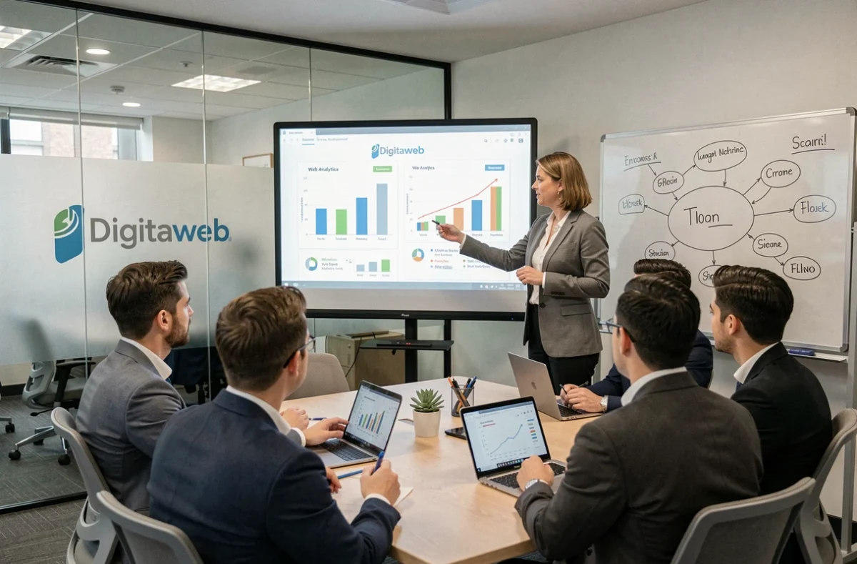 Responsable de l'agence Digitaweb présentant une stratégie SEO et des analytics web à son équipe dans une salle de réunion moderne