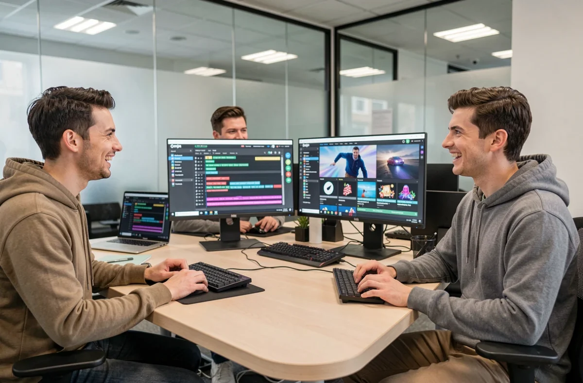 Équipe jeune et dynamique de l'agence Enjin travaillant sur des interfaces web animées avec plusieurs écrans en Vendée