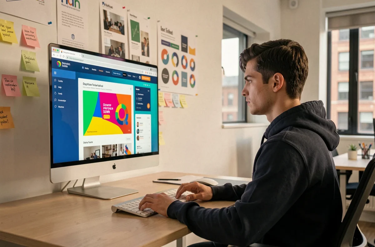 Designer web de l'agence Grinto au travail sur une interface de site internet colorée dans un bureau moderne