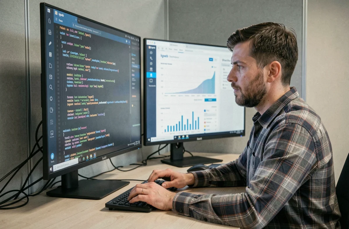 Développeur web de l'agence Igweb analysant du code et des performances de site internet sur double écran dans un bureau minimaliste en Vendée