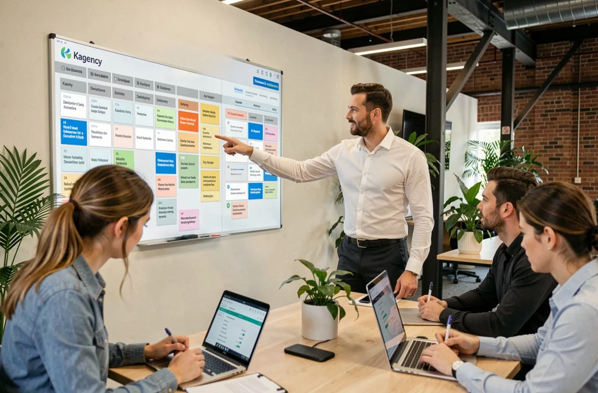 Chef de projet de l'agence Kagency animant une réunion d'équipe devant un tableau Kanban de suivi de projets web dans un open space moderne en Vendée