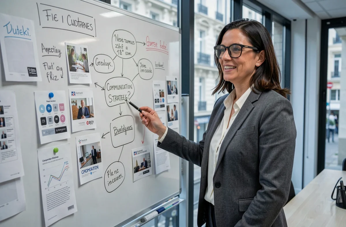 Consultante de l'agence Nouveau Regard présentant une stratégie de communication dans une salle de réunion lumineuse
