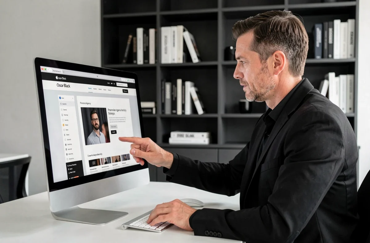 Directeur créatif de l'agence Oscar Black examinant une maquette de site web haut de gamme sur écran iMac dans un studio épuré