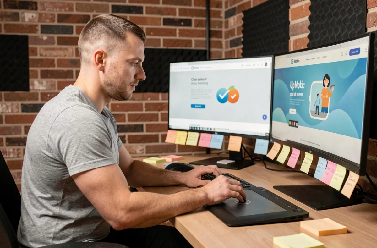 Designer web de l'agence Up Motion travaillant sur des animations de site internet avec un setup double écran ultrawide en studio