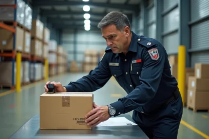 Agent douanier inspectant un colis portant le marquage CE China Export dans un entrepôt de fret international