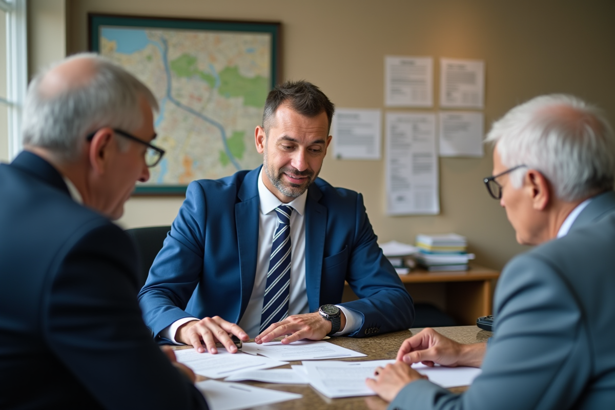 Agent municipal aidant un couple âgé avec des documents officiels