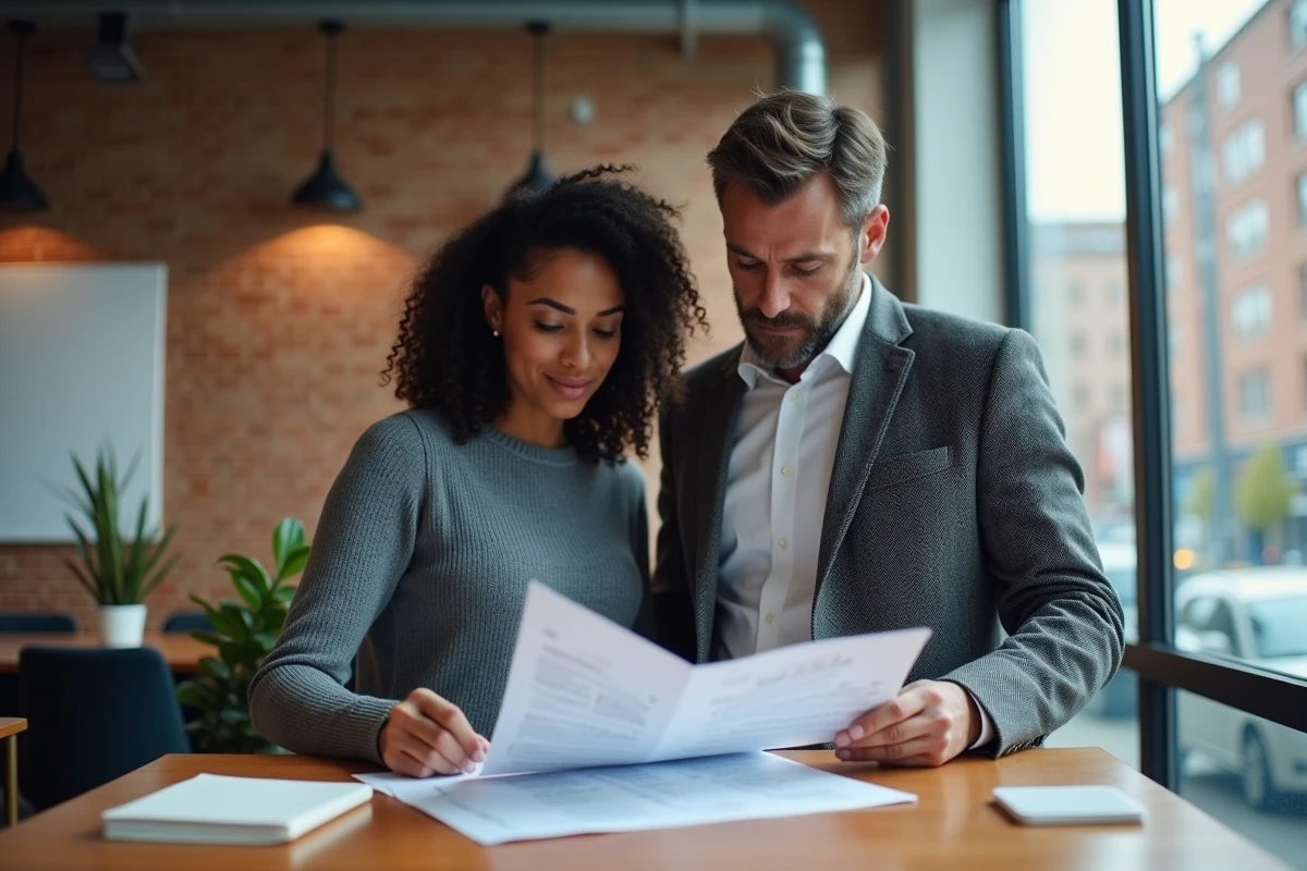 Deux professionnels analysant ensemble des relevés d'épargne salariale dans un espace de coworking, représentant la transition financière liée au départ d'une entreprise et au plan ESALIA