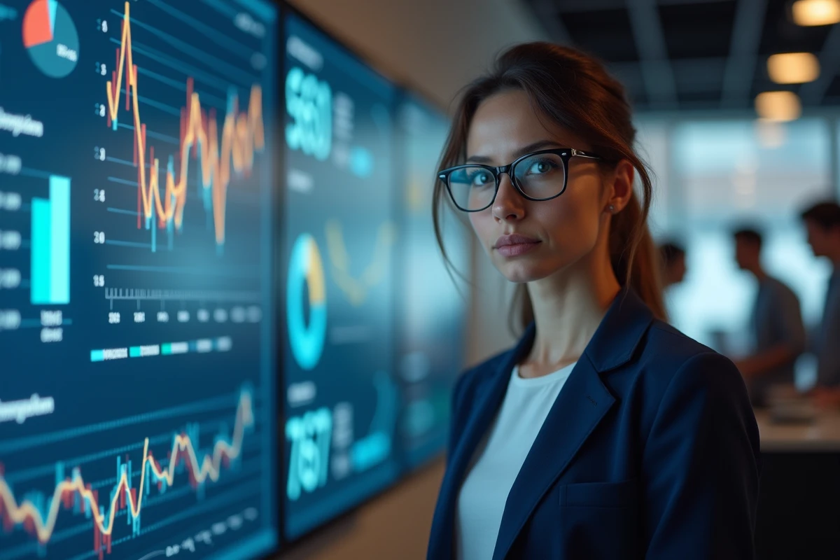 Femme professionnelle analysant des indicateurs économiques territoriaux sur des écrans de tableau de bord numérique dans un bureau moderne