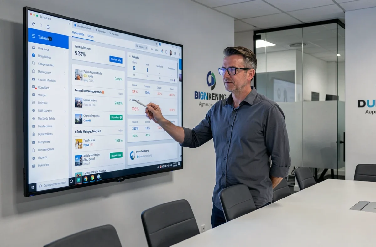 Marketeur analysant des métriques comparatives de blogs marketing français sur un tableau de bord numérique