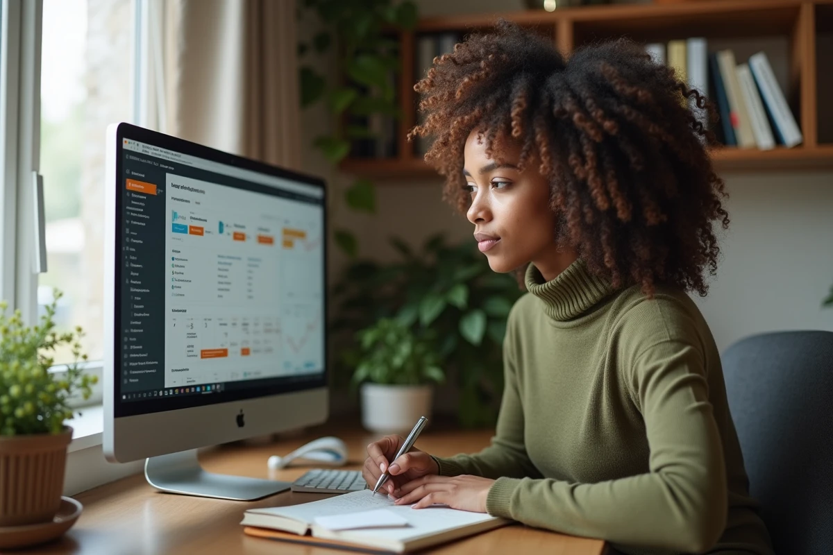 Jeune commerciale analysant des profils personas sur un CRM depuis son bureau à domicile avec prise de notes manuscrites