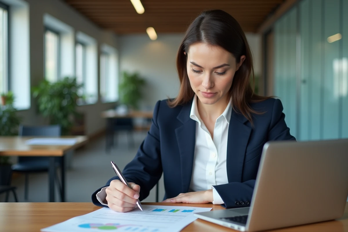 Femme analyste examinant un tableau de seuil de rentabilité sur une feuille imprimée et un écran d'ordinateur dans un bureau moderne