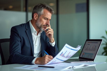 Analyste financier en bureau avec rapports Disney