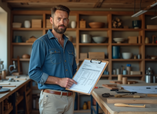 Taux horaire de l’artisan : quels facteurs influencent le coût ? Artisan homme en atelier avec plans et outils