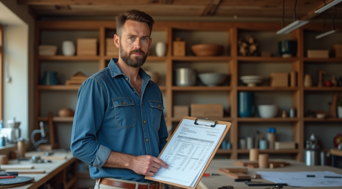 Artisan homme en atelier avec plans et outils