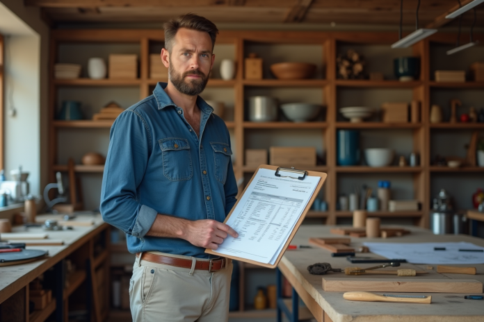 artisan-bricoleur-atelier Artisan homme en atelier avec plans et outils
