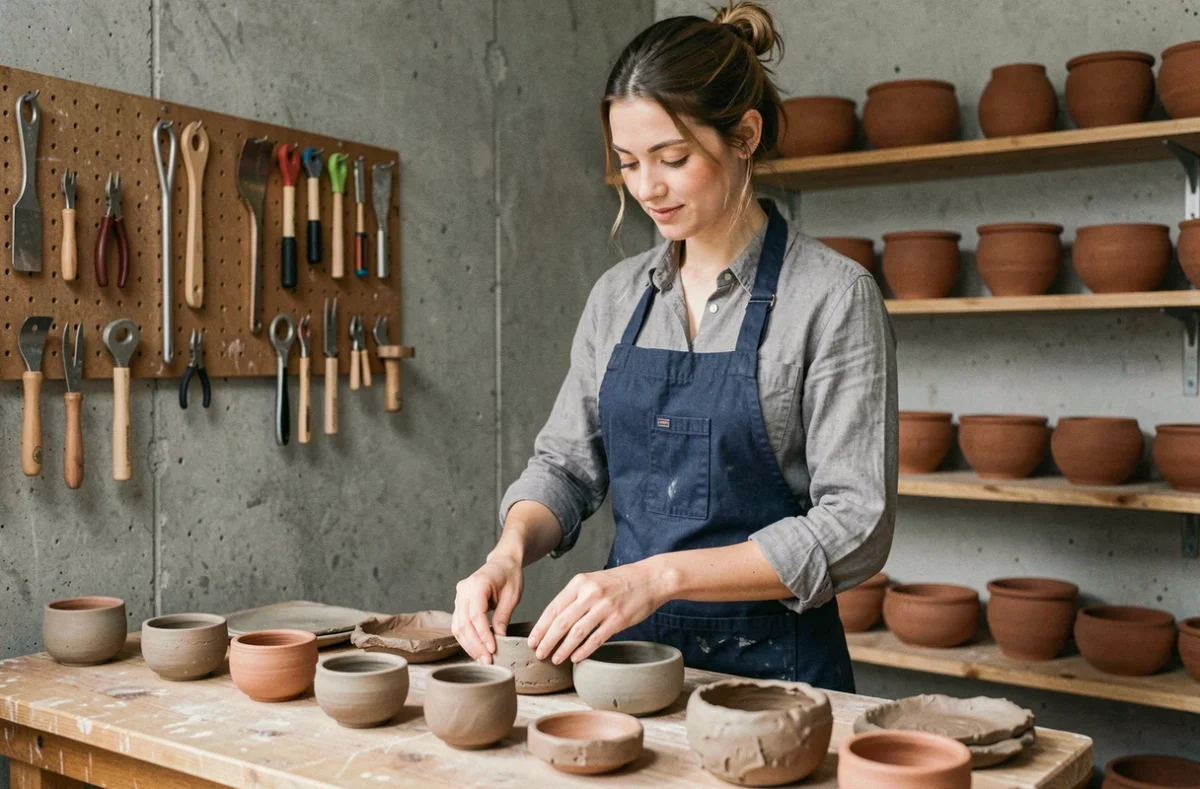 Jeune artisane arrangeant des céramiques dans son atelier, évoquant l'effort et le savoir-faire valorisés dans les proverbes sur le travail