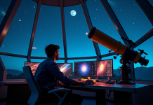 Astronome professionnel observant le ciel étoilé dans un observatoire moderne
