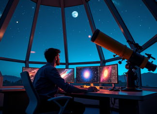 Focus sur le métier d’astronome, une profession en A Astronome professionnel observant le ciel étoilé dans un observatoire moderne