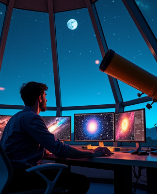 Astronome professionnel observant le ciel étoilé dans un observatoire moderne