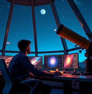 Focus sur le métier d’astronome, une profession en A Astronome professionnel observant le ciel étoilé dans un observatoire moderne