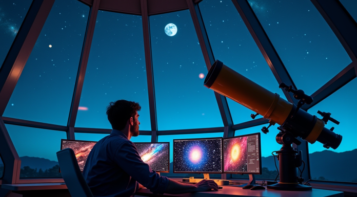 Astronome professionnel observant le ciel étoilé dans un observatoire moderne