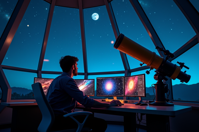 astronome-observatoire-etoiles Astronome professionnel observant le ciel étoilé dans un observatoire moderne