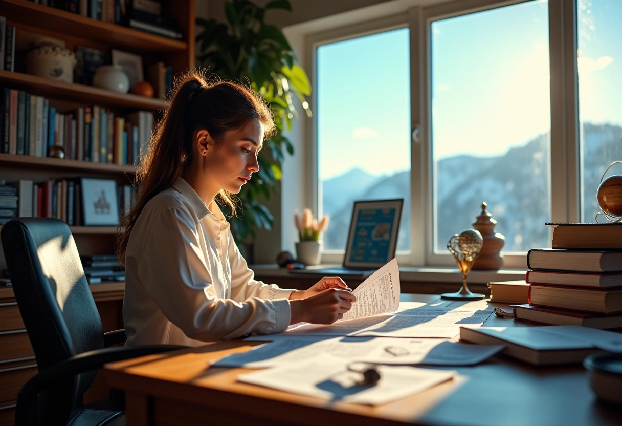 Astronome femme travaillant dans un bureau avec vue sur un observatoire en montagne