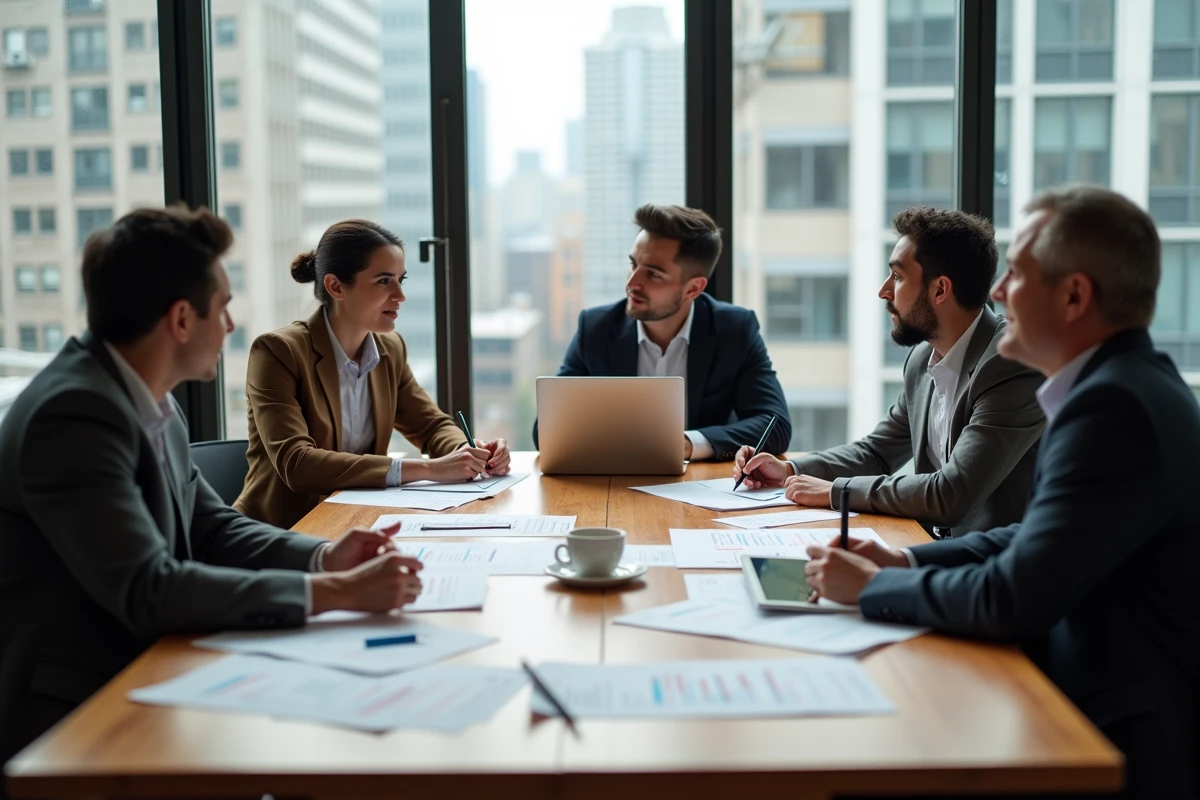 Équipe de professionnels en atelier collaboratif autour d'une analyse SWOT sur une grande table de réunion