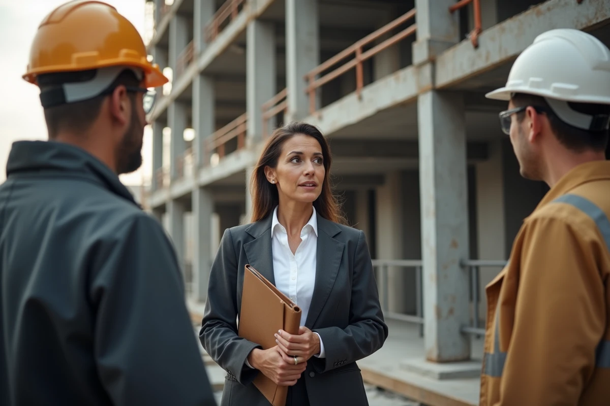 Avocate en discussion avec un contremaître sur un chantier de construction urbain, illustrant la gestion des risques juridiques en entreprise de BTP
