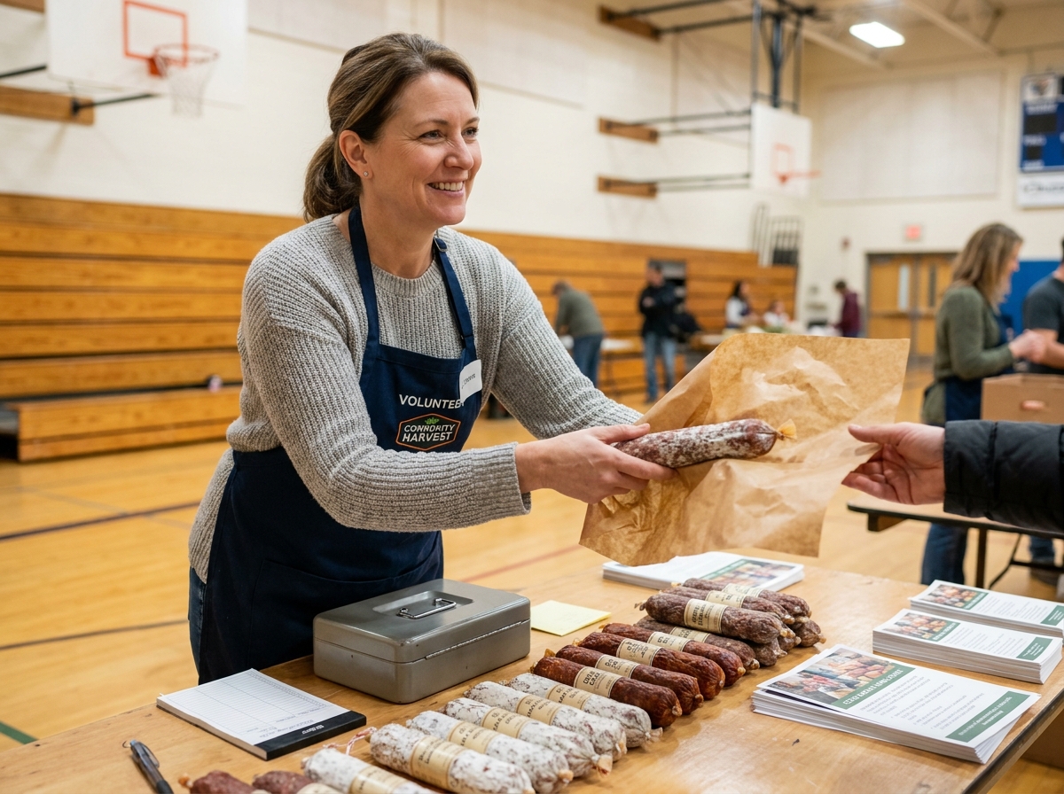 Bénévole d'association encaissant la vente d'un saucisson emballé lors d'une manifestation caritative en gymnase
