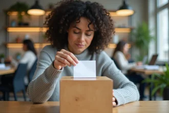 Femme glissant un mot anonyme dans une boîte à idées en bois dans un bureau moderne