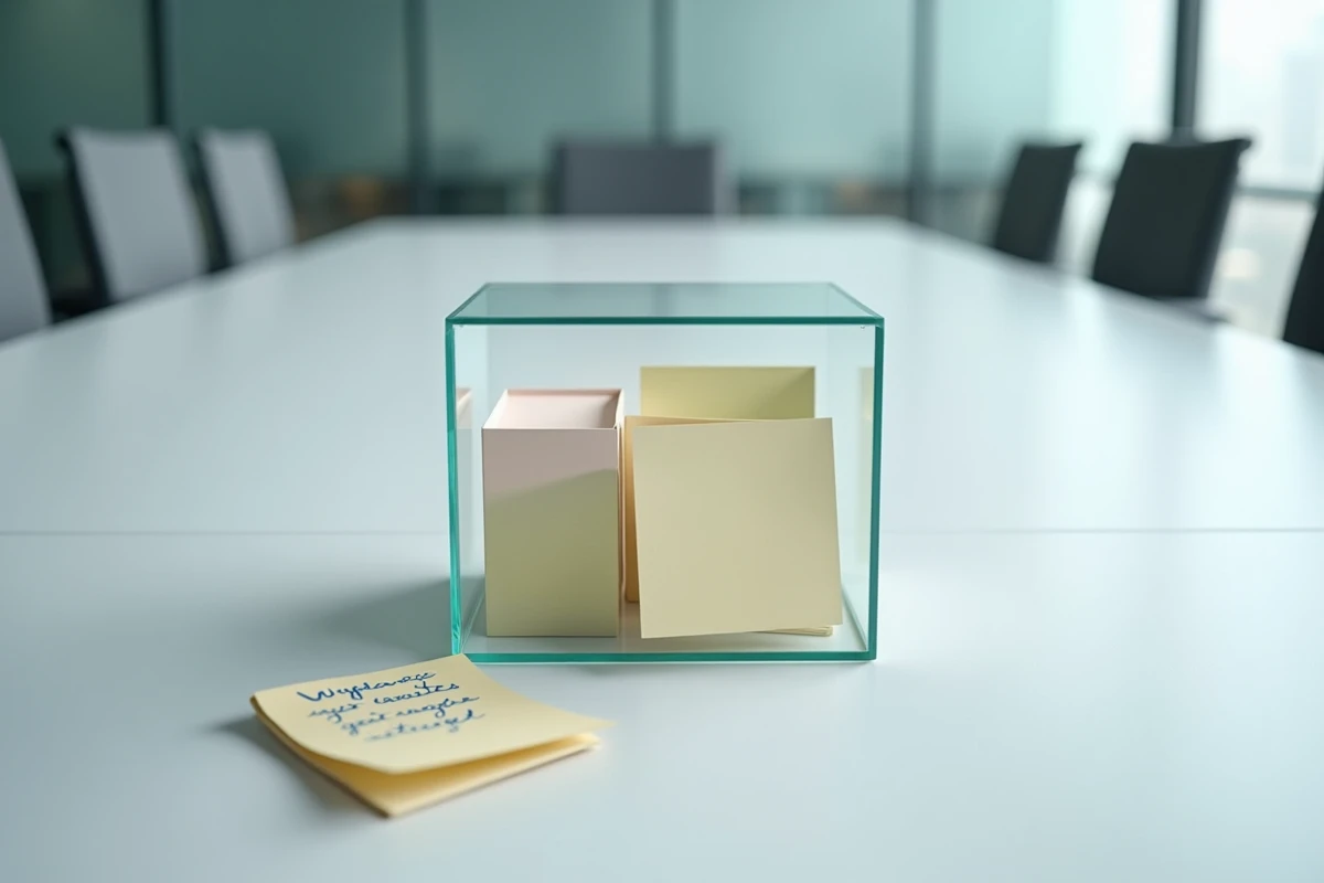 Boîte à idées en verre transparente remplie de notes manuscrites sur une table de réunion