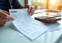 Bulletin de salaire et calculatrice sur un bureau lumineux