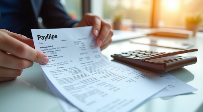 Bulletin de salaire et calculatrice sur un bureau lumineux