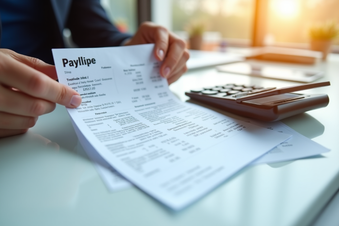 bulletin-paye-calculatrice Bulletin de salaire et calculatrice sur un bureau lumineux