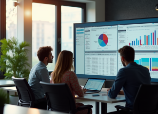 ERP de catégorie 5 : avantages, fonctionnement et solutions adaptées pour votre entreprise Équipe diversifiée collaborant dans un bureau moderne avec logiciel ERP