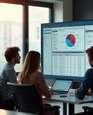 Équipe diversifiée collaborant dans un bureau moderne avec logiciel ERP