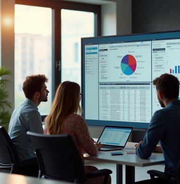 Équipe diversifiée collaborant dans un bureau moderne avec logiciel ERP
