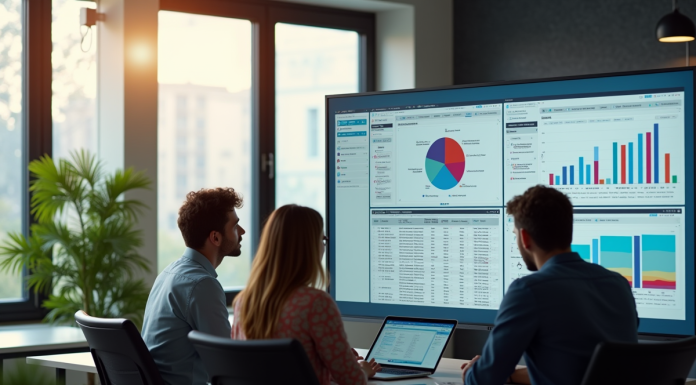 Équipe diversifiée collaborant dans un bureau moderne avec logiciel ERP