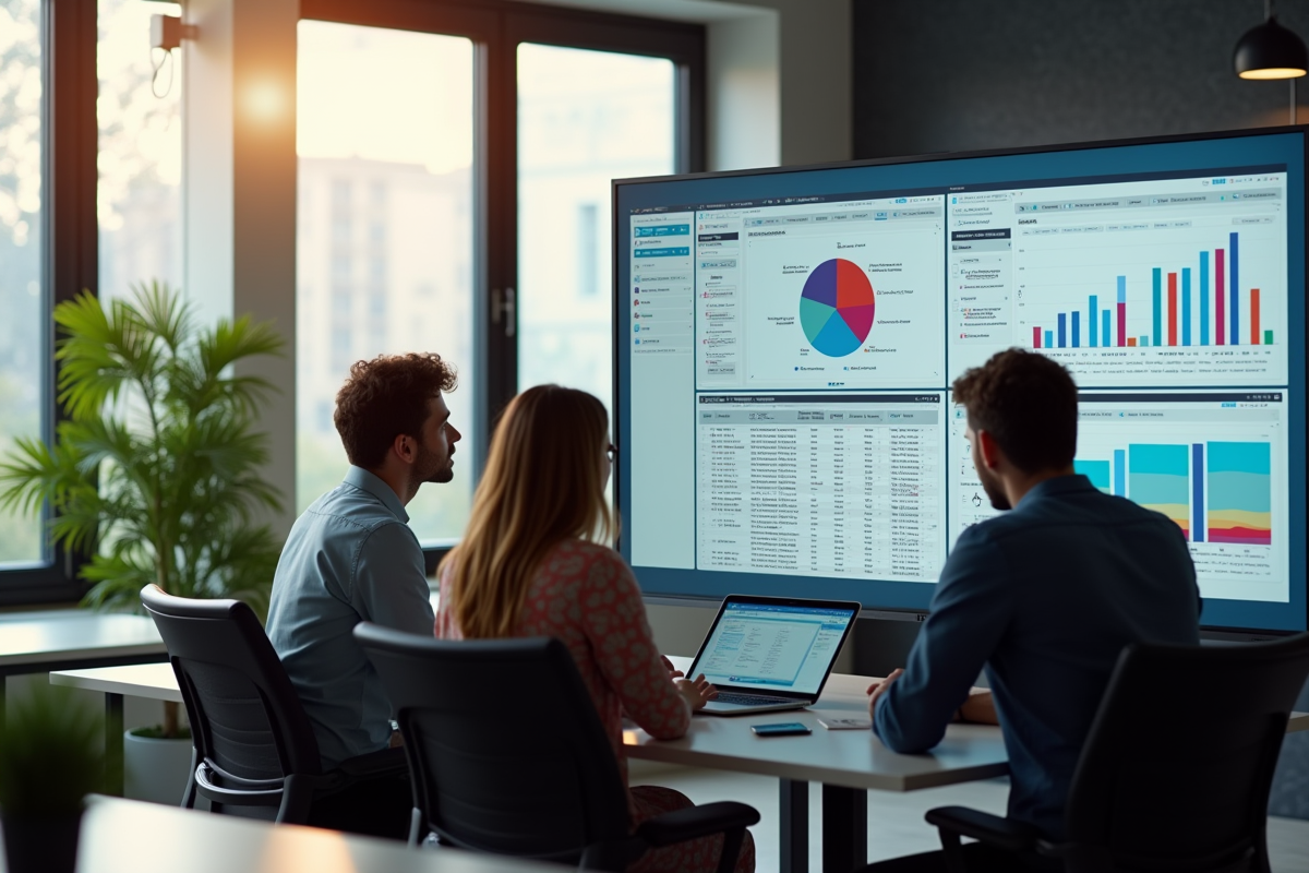 Équipe diversifiée collaborant dans un bureau moderne avec logiciel ERP