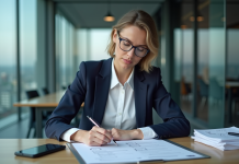 Femme d'affaires analysant un SWOT dans un bureau moderne