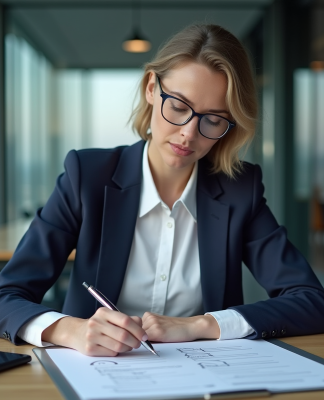 Femme d'affaires analysant un SWOT dans un bureau moderne